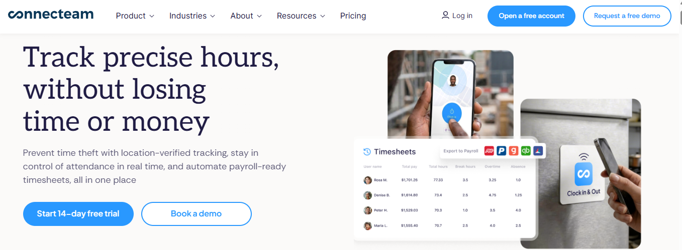 Hrms Software Hrms Connecteam Time Clock Page Showing Location-Verified Tracking And Payroll-Ready Timesheets With Overtime Columns