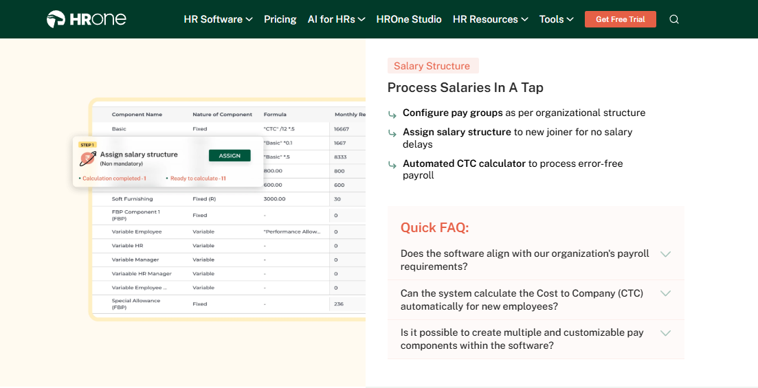 Hrms Software Hrone Hrone Payroll Salary Structure Screen With Pay Components, Formulas And Automated Ctc Calculator