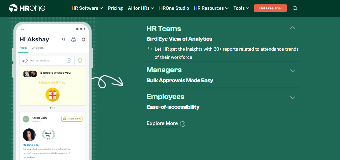 Hrms Software Hrms Hrone Employee Attendance App Dashboard Showing Mobile Feed, 30+ Attendance Reports, And Bulk Approvals For Managers