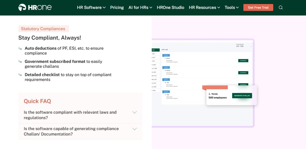 Hrms Software Hrone Hrone Statutory Compliance Screen Auto-Deducting Pf And Esi And Generating Government-Format Challans For Payroll