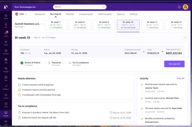 Hrms Software Hrone Keka Payroll Run Dashboard Showing Bi-Weekly Cycle Status, Employee Earnings, Taxes And Pending Approval Items