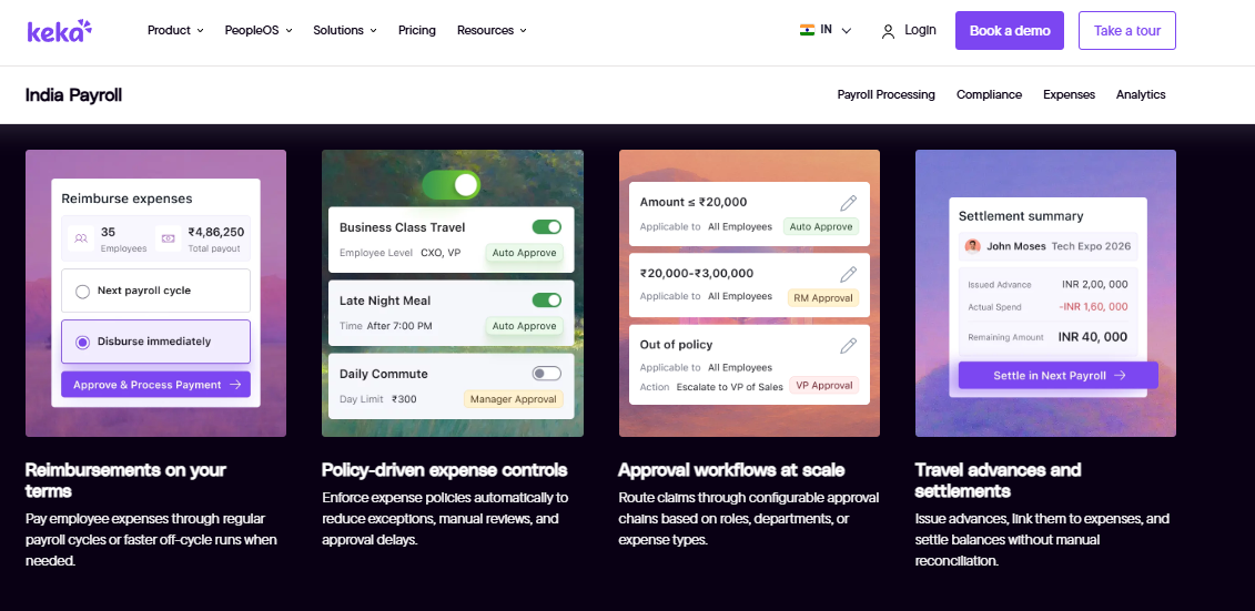 Hrms Software Hrone Keka India Payroll Screen With Reimbursements, Expense Policy Controls And Approval Workflows