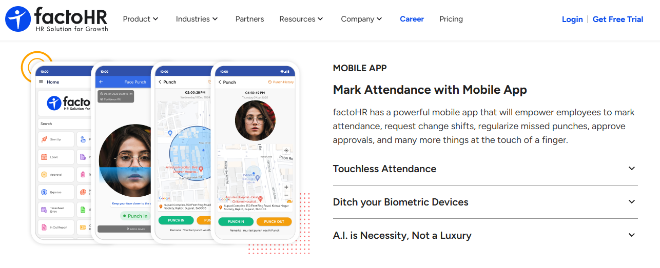 Hrms Software Hrms Factohr Mobile App Screens Showing Face Punch, Gps Map Attendance Marking, And Punch Regularisation Options