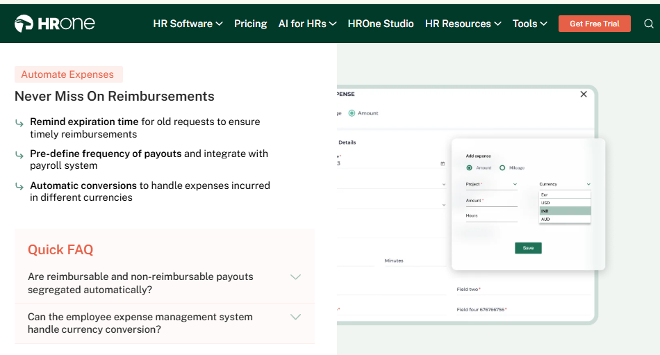 Hrms Software Expense Hr Software Hrone Expense Module Showing Claim Expiry Reminders, Payroll-Linked Payouts And Multi-Currency Reimbursement Settings