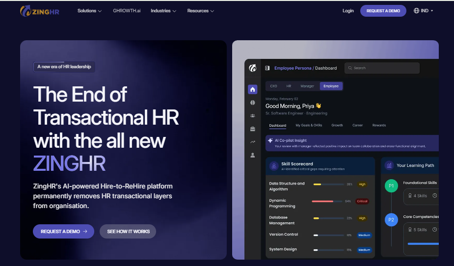Hrms Software Hr Software Hrms Zinghr Ai-Powered Hire-To-Retire Employee Dashboard With Skill Scorecards And Learning Paths