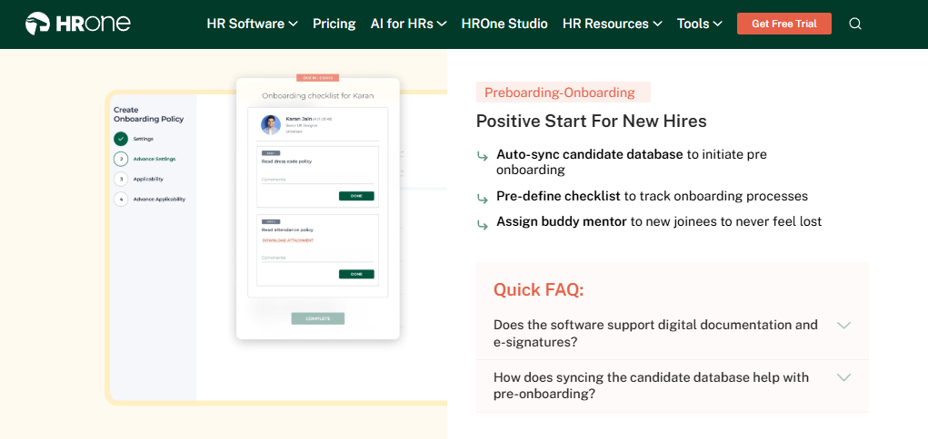 Hrms Software Hr Software Hrms Hrone Preboarding Onboarding Dashboard With Checklist, Policy Setup, And New Hire Faq